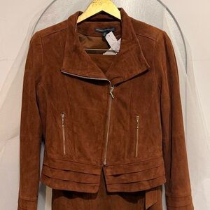 NWT White House black market Brown Suede Women's moto Jacket & Skirt Set Suit S